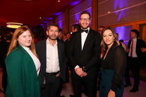 Angélique Legendre (Yooz), left, Maxence Duwelz (EY Luxembourg), centre right, and Elodie Duffour (Yooz), right, at the 2023 Finance Awards, which took place on Tuesday 21 November 2023 at Casino 2000 in Mondorf. Photo: Eva Krins and Marie Russillo/Maison Moderne