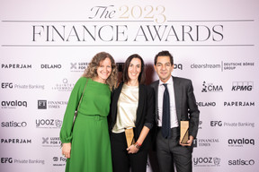 Petra Besson-Fencikova (Société Générale), Laetitia Hamon (Luxembourg Stock Exchange) and Alexandre Cegarra (Société Générale Private Wealth Management) at the 2023 Finance Awards, which took place on Tuesday 21 November 2023 at Casino 2000 in Mondorf. Photo: Eva Krins and Marie Russillo/Maison Moderne