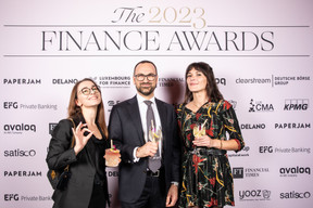 Emilija Mendelsone (Edmond de Rothschild) on the left and Julie Lhardit (Lafo & L3A) on the right at the 2023 Finance Awards, which took place on Tuesday 21 November 2023 at Casino 2000 in Mondorf. Photo: Eva Krins and Marie Russillo/Maison Moderne