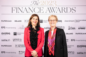 Nadia Manzari (Manzari Legal) and Jeanne Duvoux (Amundi Luxembourg) at the 2023 Finance Awards, which took place on Tuesday 21 November 2023 at Casino 2000 in Mondorf. Photo: Eva Krins and Marie Russillo/Maison Moderne