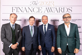 Hugues Delcourt (Maison Moderne), Nicolas Mackel (Luxembourg for Finance), Gilles Roth (Minister of Finance) and Mike Koedinger (Maison Moderne) at the 2023 Finance Awards, which took place on Tuesday 21 November 2023 at Casino 2000 in Mondorf. Photo: Eva Krins and Marie Russillo/Maison Moderne