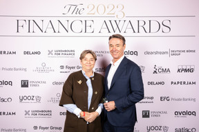 Manou Hoss and Pit Reckinger (Elvinger Hoss Prussen) at the 2023 Finance Awards, which took place on Tuesday 21 November 2023 at Casino 2000 in Mondorf. Photo: Eva Krins and Marie Russillo/Maison Moderne