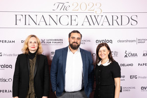 Anne-Cécile Jourdren (Aztec Group), Jacques-Olivier Cogis and Svitlana Dobrovolska (Crestbridge) at the 2023 Finance Awards, which took place on Tuesday 21 November 2023 at Casino 2000 in Mondorf. Photo: Eva Krins and Marie Russillo/Maison Moderne