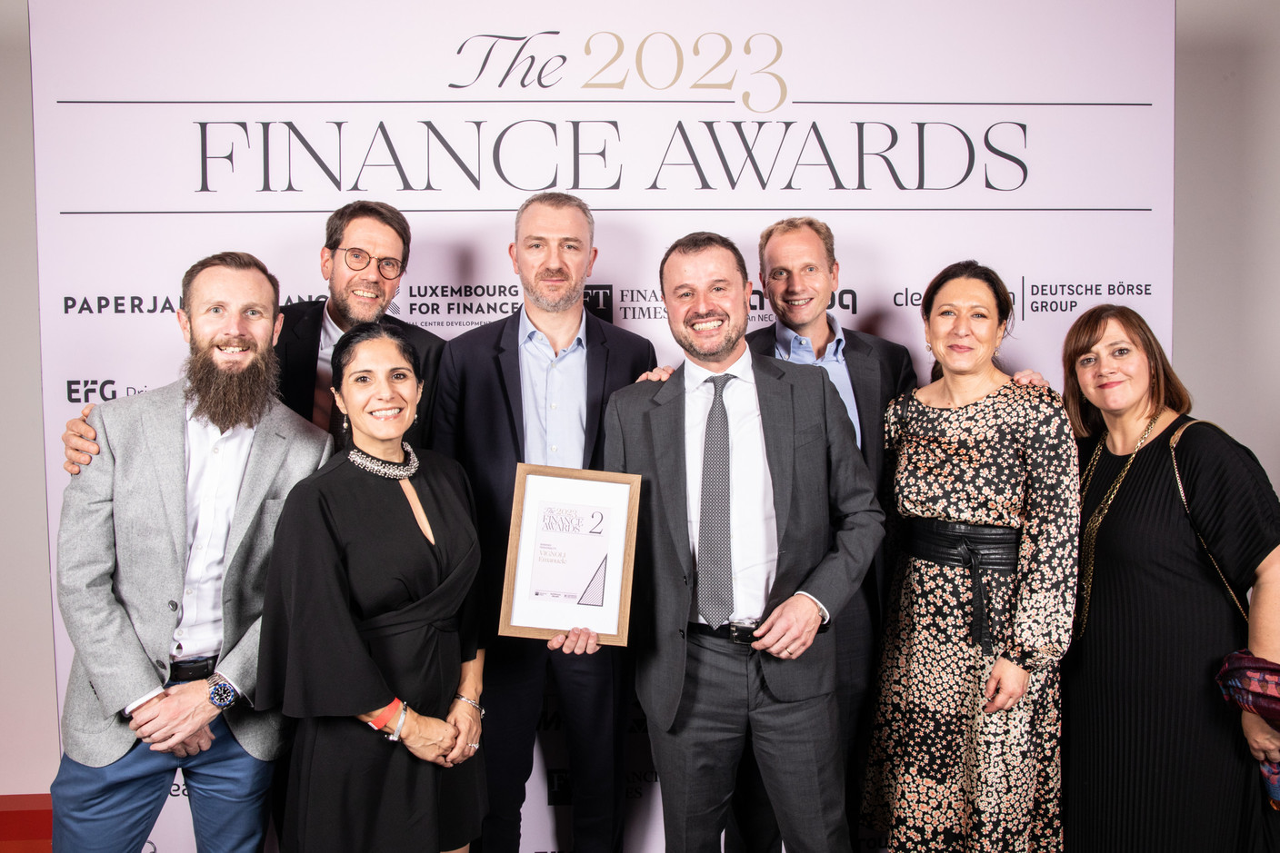 Nick Ashton, Claude Quintus, Caroline Klass, Frederic Van Ingelgom, Emanuele Vignoli, Niccolo Polli, Carine El Nouchi and Leire Zirion-Corres (HSBC Continental Europe Luxembourg) at the 2023 Finance Awards, which took place on Tuesday 21 November 2023 at Casino 2000 in Mondorf. Photo: Eva Krins and Marie Russillo/Maison Moderne