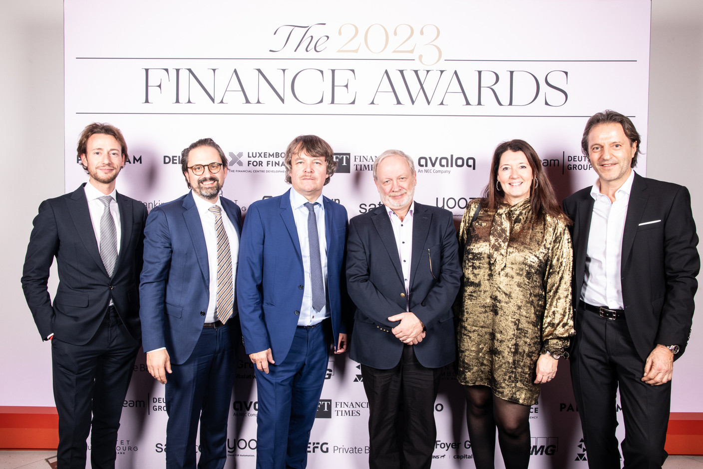 Christophe Renaudin on the left, Stephane Hadet in the middle and Nathalie Campello (Dentons Luxembourg) on the right at the 2023 Finance Awards, which took place on Tuesday 21 November 2023 at Casino 2000 in Mondorf. Photo: Eva Krins and Marie Russillo/Maison Moderne