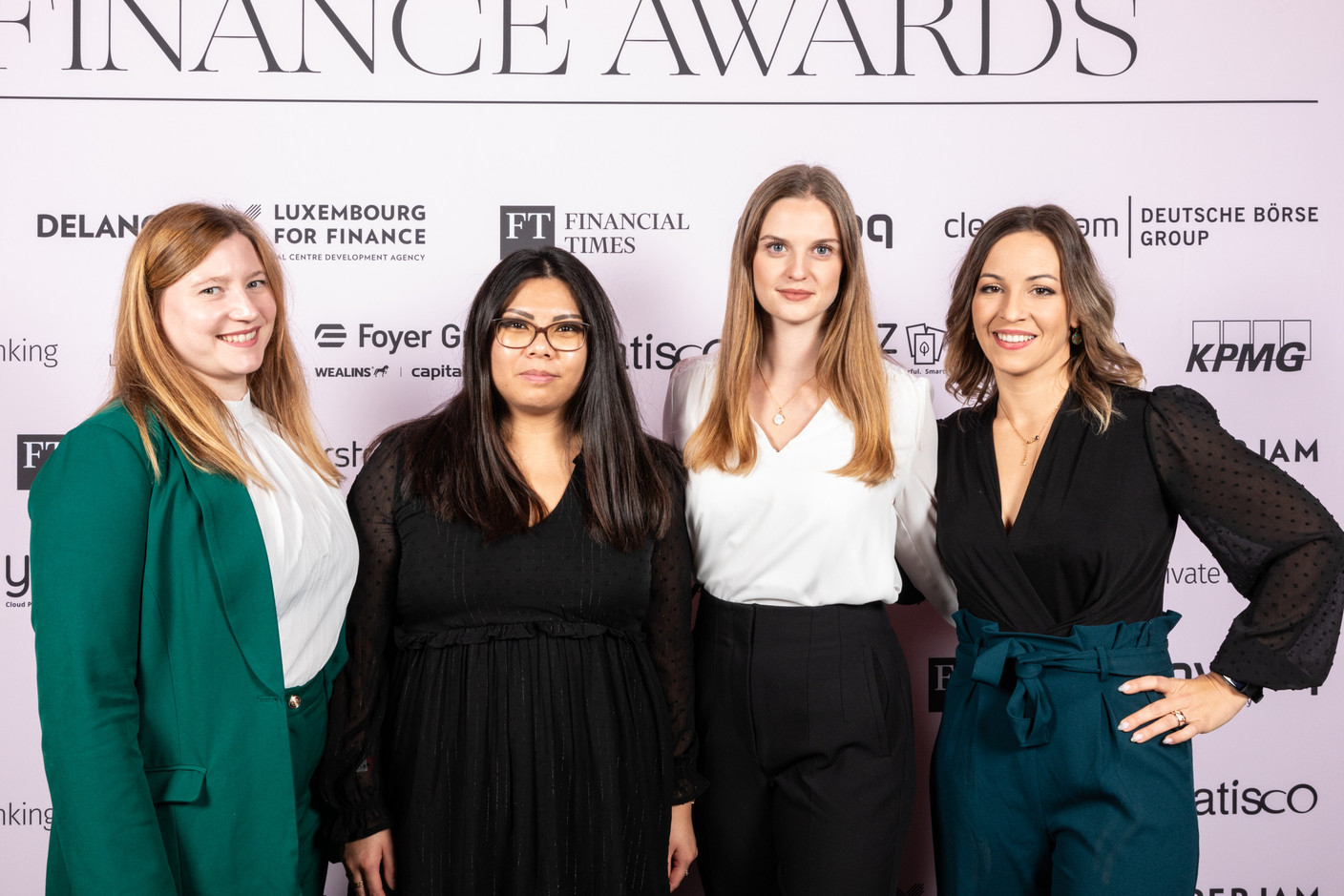 Angélique Legendre, Marion De Pauw, Elise Richen and Elodie Duffour (Yooz) at the 2023 Finance Awards, which took place on Tuesday 21 November 2023 at Casino 2000 in Mondorf. Photo: Eva Krins and Marie Russillo/Maison Moderne