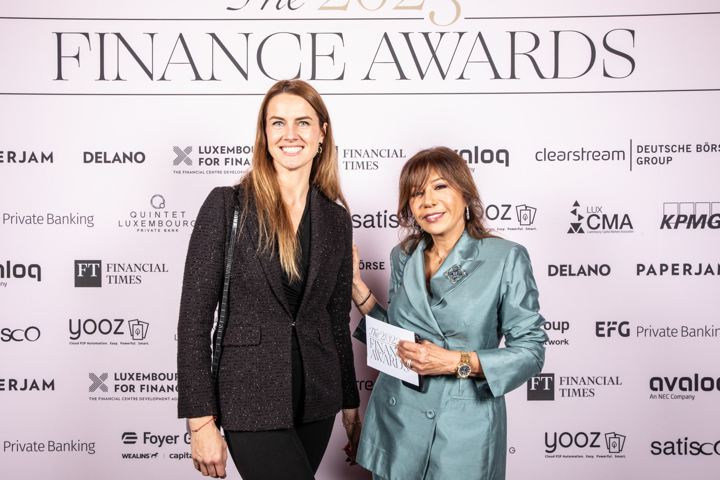 Alexandra Dumitru and Lena Lascari (EFG Bank) at the 2023 Finance Awards, which took place on Tuesday 21 November 2023 at Casino 2000 in Mondorf. Photo: Eva Krins and Marie Russillo/Maison Moderne