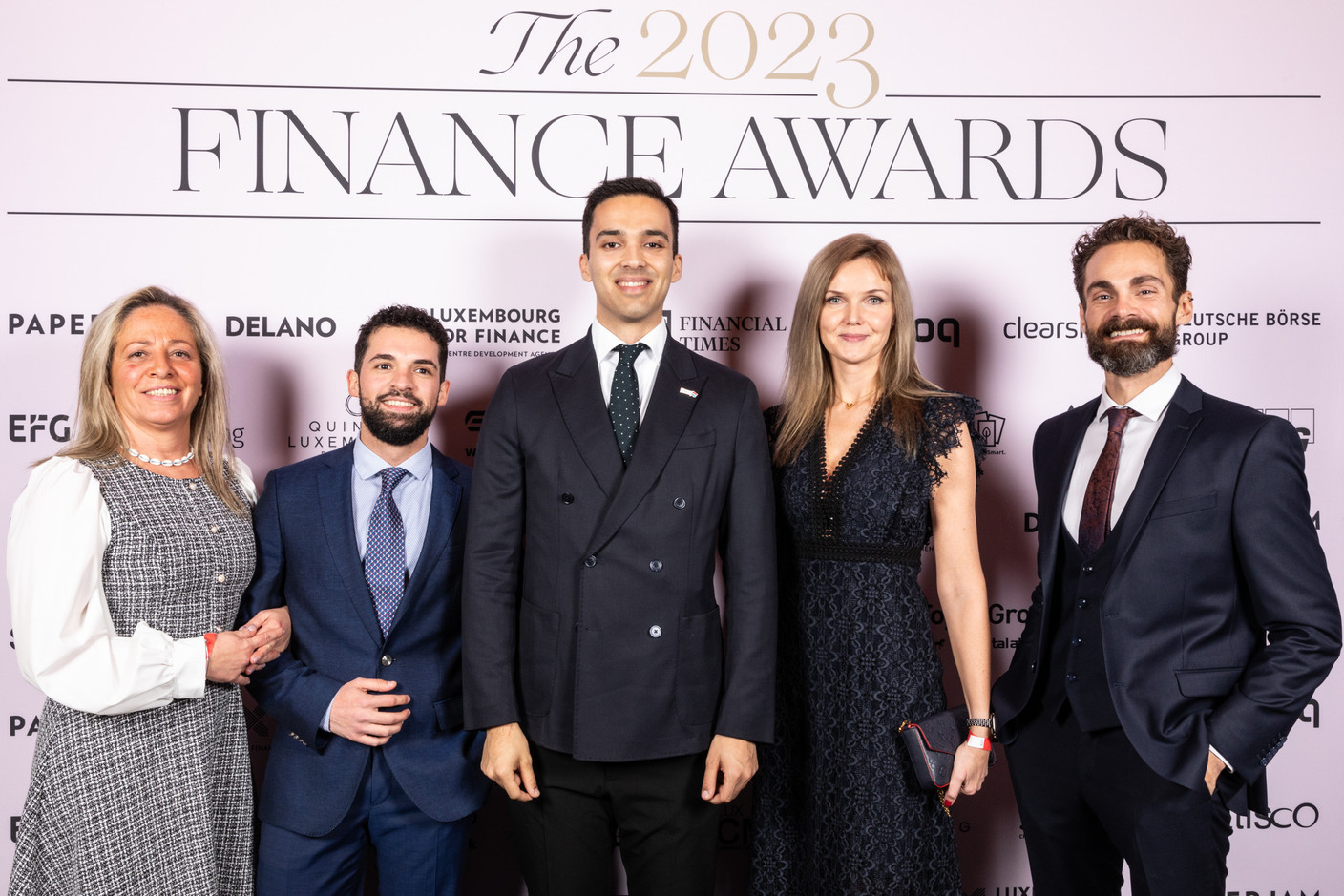 Dilek Ayaydin , Romain Iovalone , Luca Mancuso , Anna Sobkow and Symeon Papadoupoulos (Lhoft) at the 2023 Finance Awards, which took place on Tuesday 21 November 2023 at Casino 2000 in Mondorf. Photo: Eva Krins and Marie Russillo/Maison Moderne