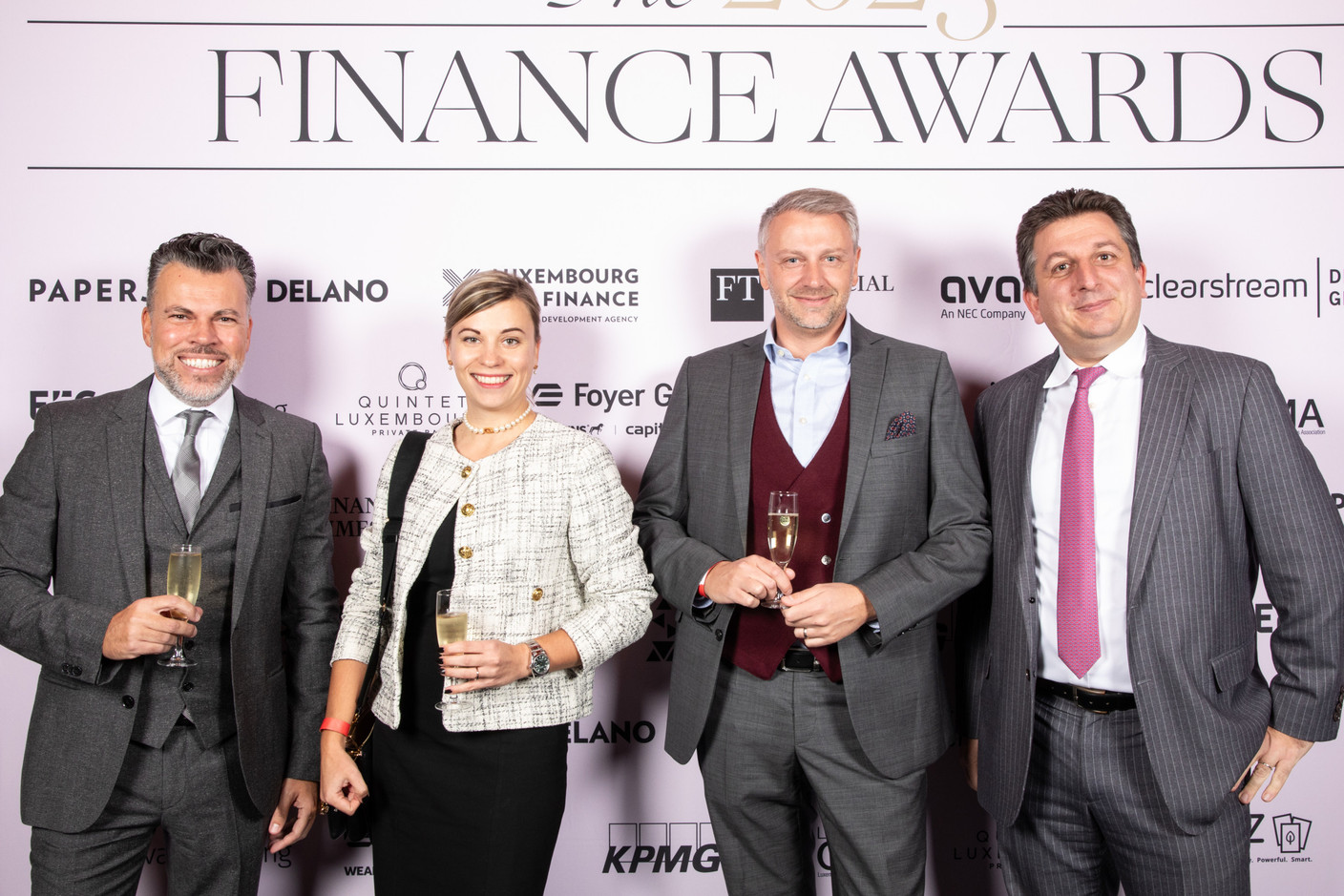 Geoffrey Dezoppy (Avaloq), Valeria Leone (Swissquote Bank Europe), Igor Leone (EIB) and Pascal Martino (Deloitte) at the 2023 Finance Awards, which took place on Tuesday 21 November 2023 at Casino 2000 in Mondorf. Photo: Eva Krins and Marie Russillo/Maison Moderne