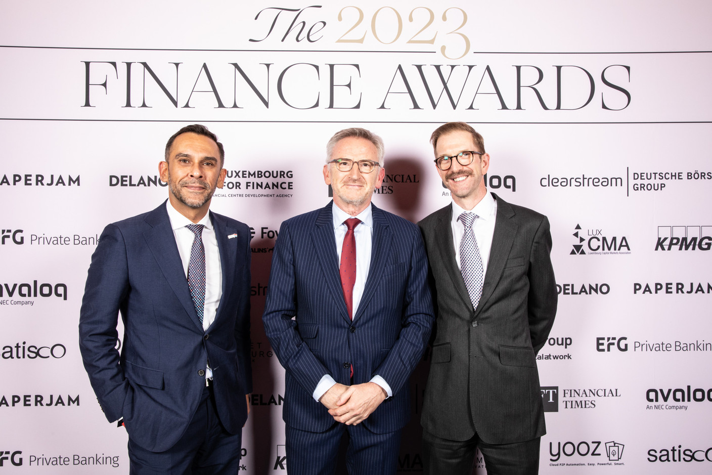 Nasir Zubairi (Lhoft), Camille Thommes (Alfi) and Peter Brown (Aztec Group) at the 2023 Finance Awards, which took place on Tuesday 21 November 2023 at Casino 2000 in Mondorf. Photo: Eva Krins and Marie Russillo/Maison Moderne