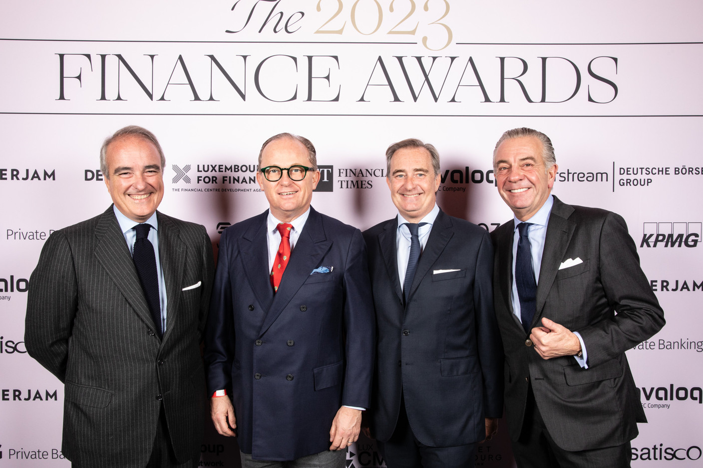 Manuel San Salvador (Antwort Capital), Nicolas Graas (Graas-Lavie SCS), Stephane Chretien (Quilvest Wealth Management S.A.) and Bob Kneip (Kneip Management) at the 2023 Finance Awards, which took place on Tuesday 21 November 2023 at Casino 2000 in Mondorf. Photo: Eva Krins and Marie Russillo/Maison Moderne