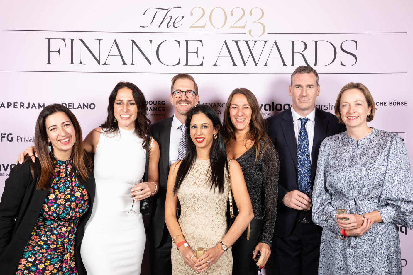 Francesca Raffa, Hana Prochaska, Peter Brown, Stephanie Atnas, Candida Nedog, Ben Middleton and Karen McSorley (Aztec Group) at the 2023 Finance Awards, which took place on Tuesday 21 November 2023 at Casino 2000 in Mondorf. Photo: Eva Krins and Marie Russillo/Maison Moderne