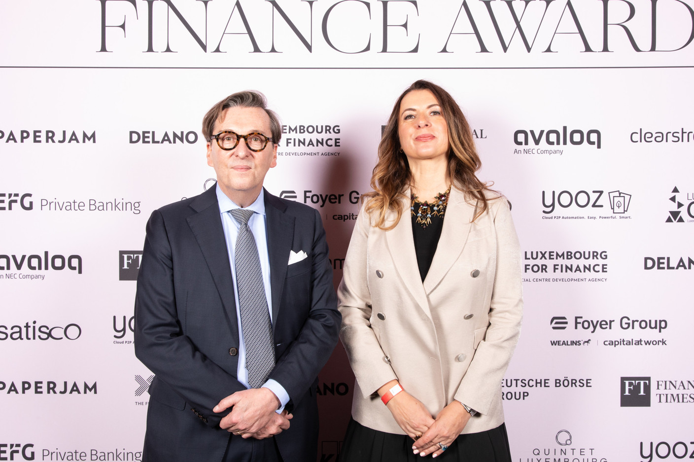 Michel Grevesse-Sovet (Paperjam+Delano Business Club) and Clara Durodié (Cognitive Finance Group) at the 2023 Finance Awards, which took place on Tuesday 21 November 2023 at Casino 2000 in Mondorf. Photo: Eva Krins and Marie Russillo/Maison Moderne