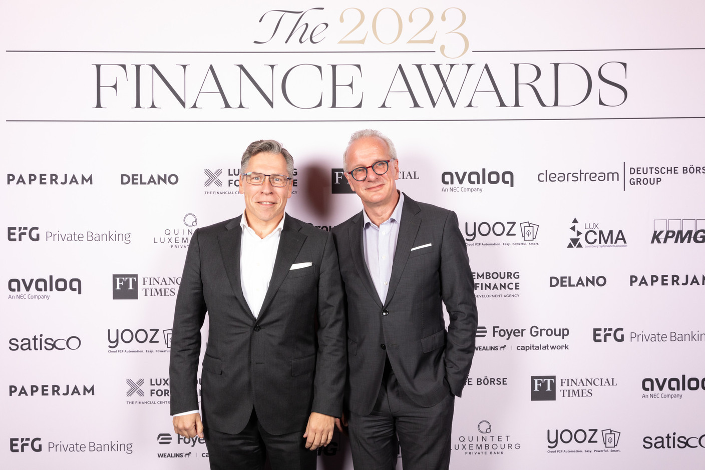 Luc Rasschaert (Wealins) and Marc Lauer (Foyer) at the 2023 Finance Awards, which took place on Tuesday 21 November 2023 at Casino 2000 in Mondorf. Photo: Eva Krins and Marie Russillo/Maison Moderne