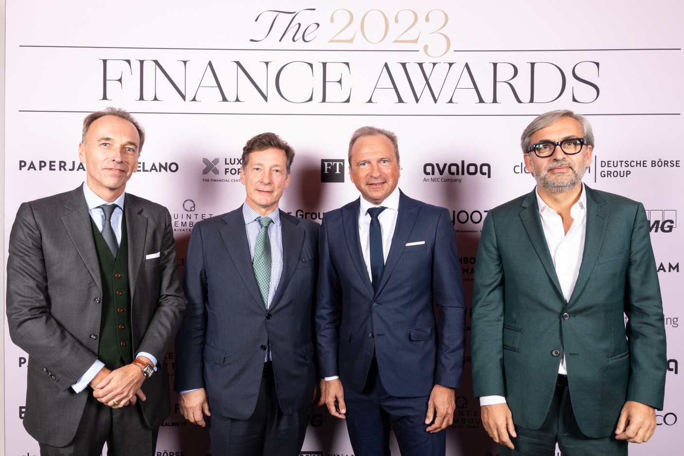 Hugues Delcourt (Maison Moderne), Nicolas Mackel (Luxembourg for Finance), Gilles Roth (Minister of Finance) and Mike Koedinger (Maison Moderne) at the 2023 Finance Awards, which took place on Tuesday 21 November 2023 at Casino 2000 in Mondorf. Photo: Eva Krins and Marie Russillo/Maison Moderne