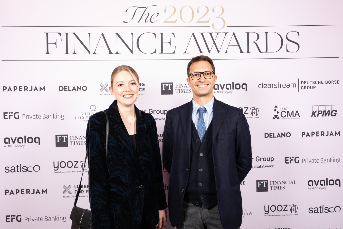 Sandra Rauch (Banque Centrale du Luxembourg) and Alessandro Cavallini (Ferrero Trading Lux) at the 2023 Finance Awards, which took place on Tuesday 21 November 2023 at Casino 2000 in Mondorf. Photo: Eva Krins and Marie Russillo/Maison Moderne