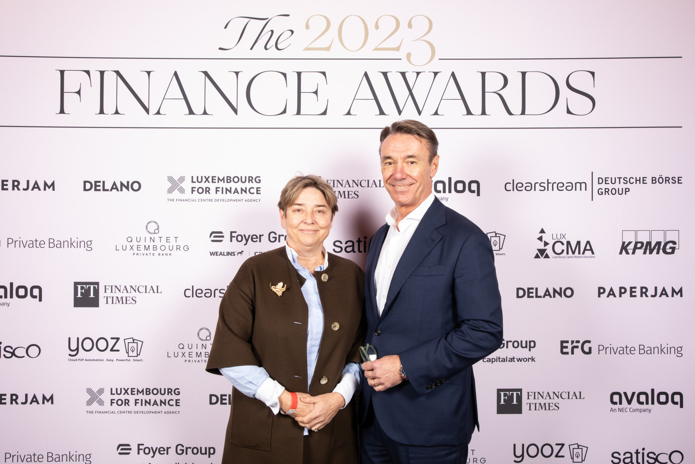 Manou Hoss and Pit Reckinger (Elvinger Hoss Prussen) at the 2023 Finance Awards, which took place on Tuesday 21 November 2023 at Casino 2000 in Mondorf. Photo: Eva Krins and Marie Russillo/Maison Moderne