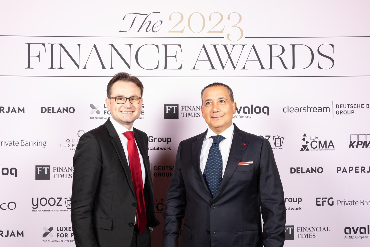 David Remy (Trill Impact) and Antonio Weffer (Baker&Mckenzie) at the 2023 Finance Awards, which took place on Tuesday 21 November 2023 at Casino 2000 in Mondorf. Photo: Eva Krins and Marie Russillo/Maison Moderne