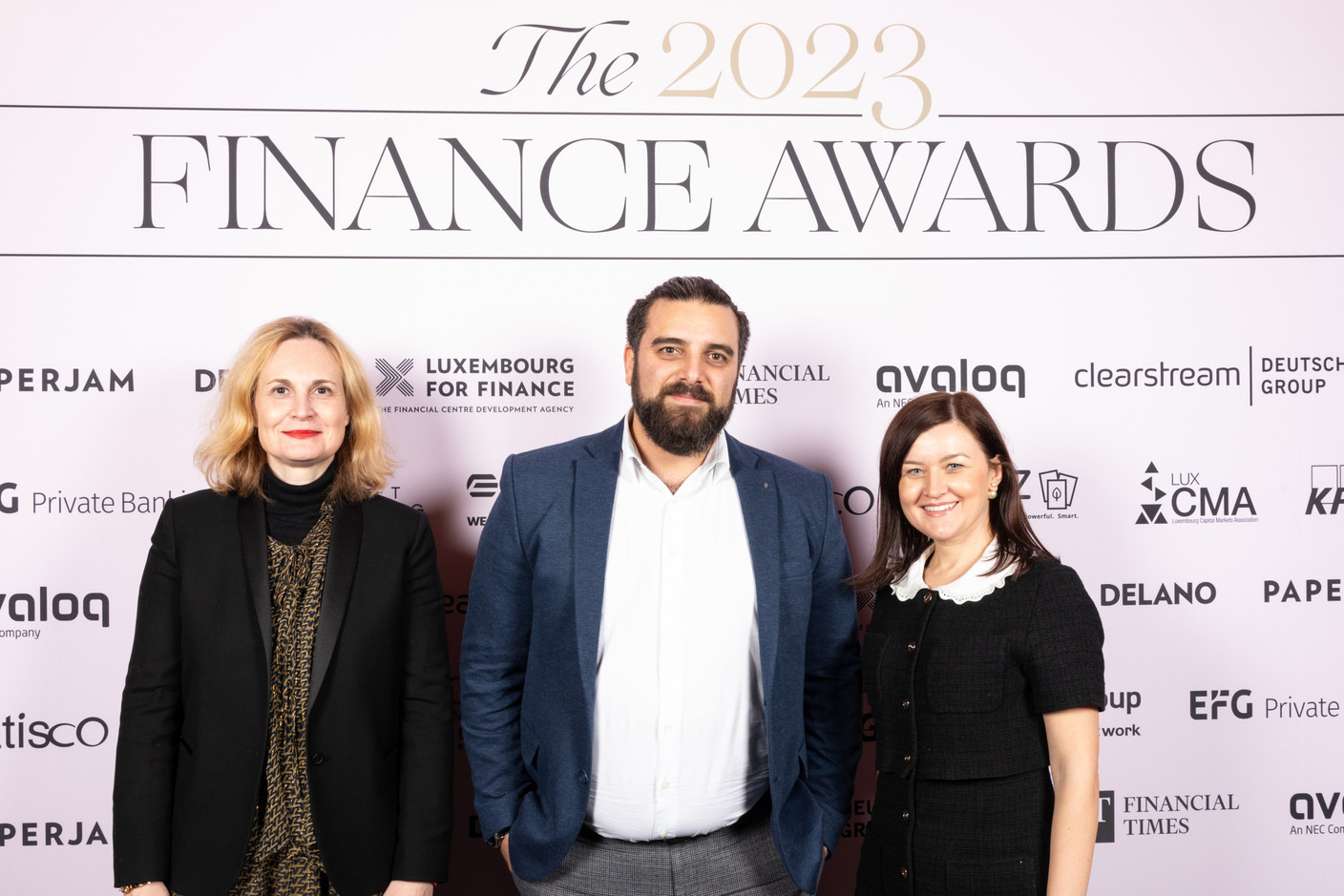 Anne-Cécile Jourdren (Aztec Group), Jacques-Olivier Cogis and Svitlana Dobrovolska (Crestbridge) at the 2023 Finance Awards, which took place on Tuesday 21 November 2023 at Casino 2000 in Mondorf. Photo: Eva Krins and Marie Russillo/Maison Moderne
