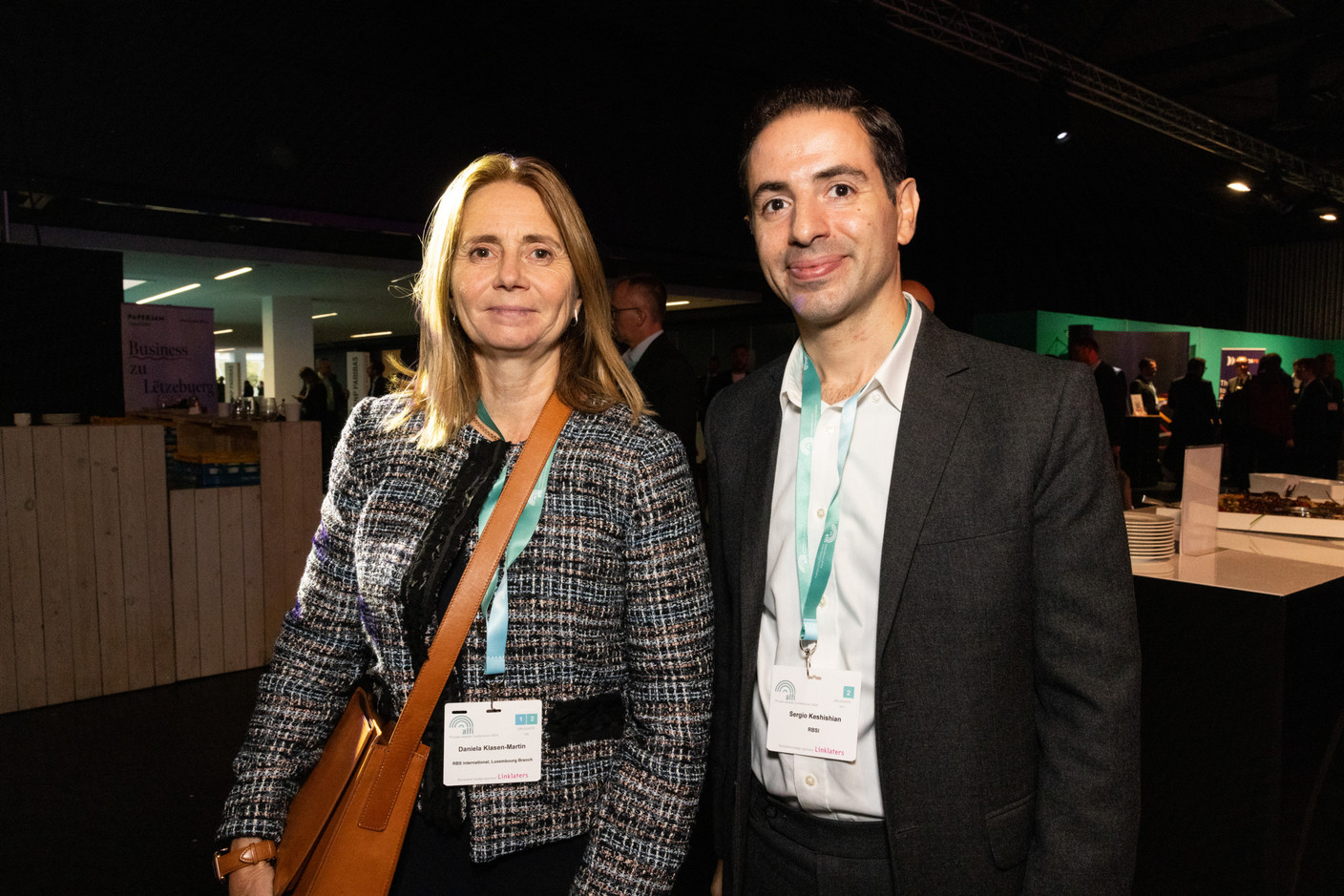 Daniela Klasen-Martin (RBS International, Luxembourg branch) and Sergio Keshishian (RBSI) at the Alfi private assets conference at Luxexpo The Box, 26 September 2024. Photo: Eva Krins/Maison Moderne