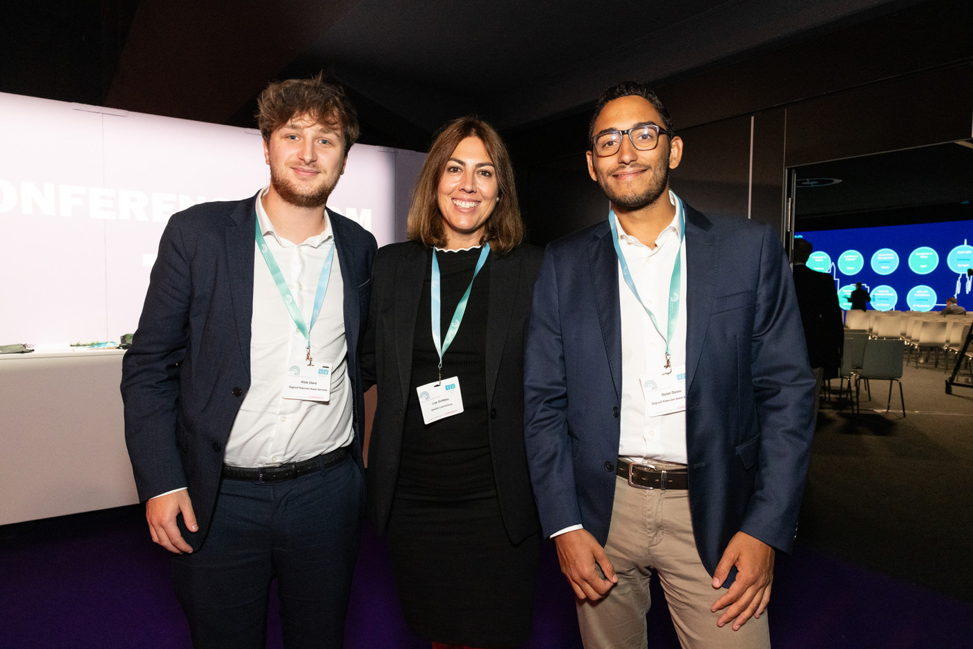 Aloïs Utard (Degroof Petercam Asset Services), Lize Griffiths (Deloitte Luxembourg) and Dylan Deom (Degroof Petercam Asset Services) at the Alfi private assets conference at Luxexpo The Box, 26 September 2024. Photo: Eva Krins/Maison Moderne