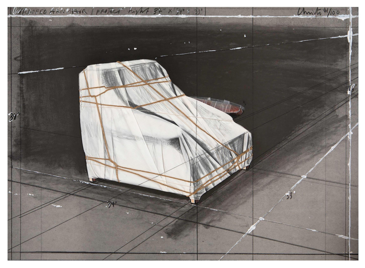 Christo,  Wrapped Armchair, Project , 1990, Lithographie avec collage, 64 x 88,5 cm, édition de 100, signée Galerie F. Hessler, — Stand C02 —, Prix sur demande (Photo: DR)