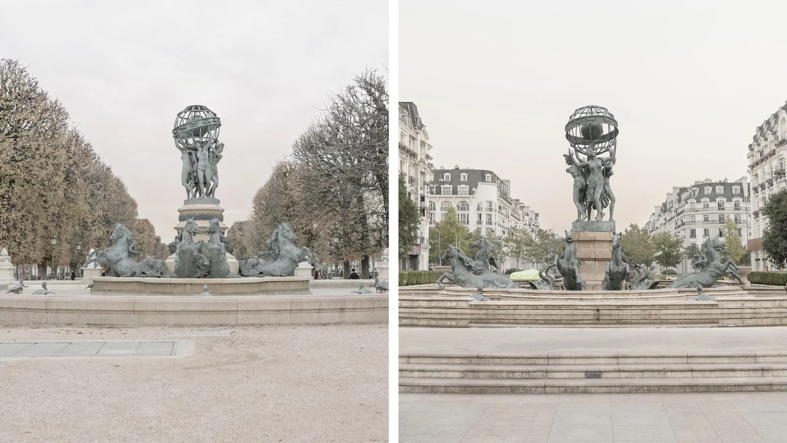 À gauche, la Fontaine de l’Observatoire à Paris. À droite, la réplique en Chine où on reconnait à gauche de la fontaine le fronton d’angle de l’immeuble Bonn. (Photo: Francois Prost)