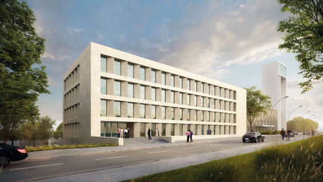 Côté rue, le bâtiment présente une trame régulière qui scande les quatre niveaux. (Illustration: Paul Bretz Architectes, Vize)