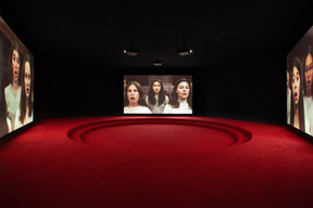 Angelica Mesiti, Assembly, 2019 (production still) three-channel video installation in architectural amphitheater. HD video projections, colour, six-channel mono sound, 25 min, dimensions variable. ((Photo: Josh Raymon))