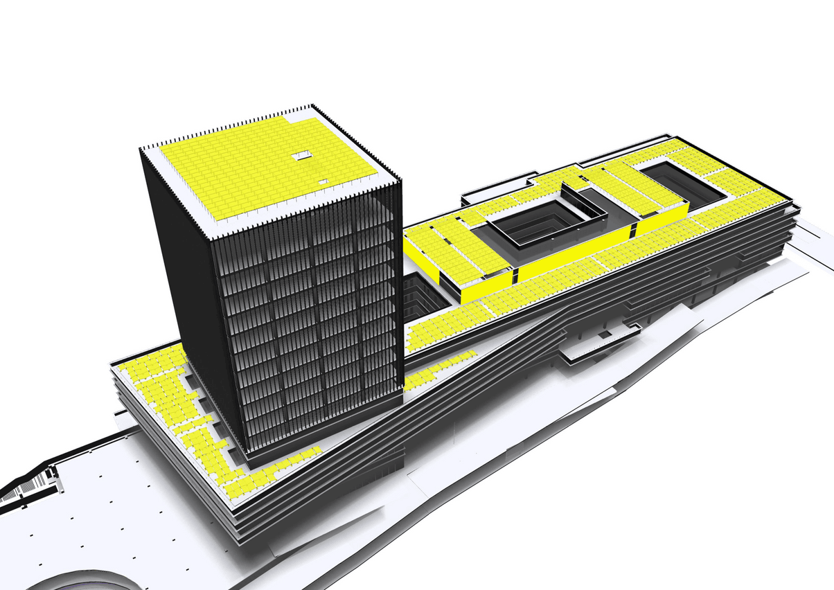 Plus de 2.200m² de panneaux photovoltaïques seront installés sur les toits du nouveau bâtiment. (Illustration : BEI)