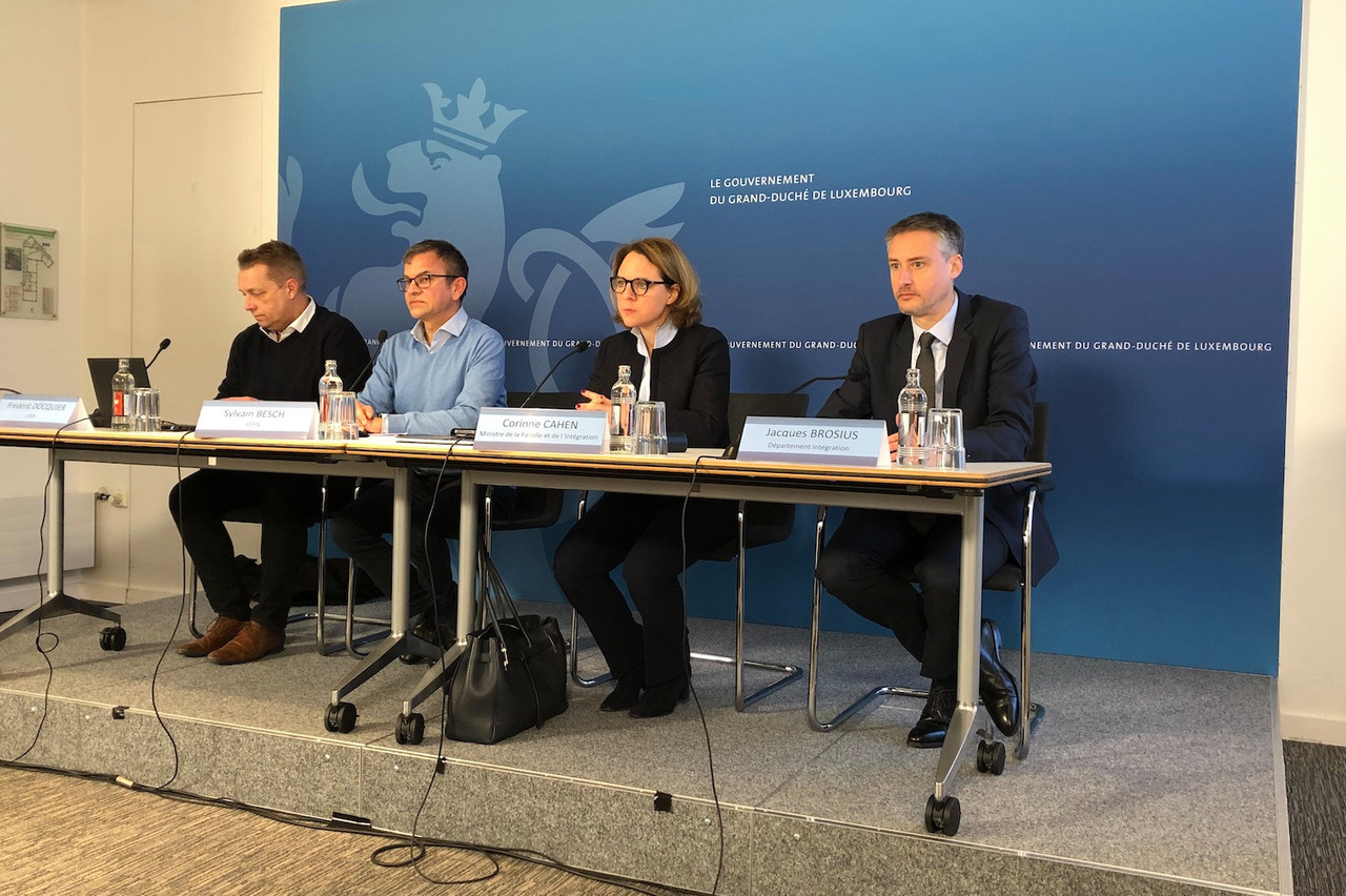 From l.t.r.: Frédéric Docquier (Liser), Sylvain Besch (Cefis), family and integration minister Corinne Cahen, and Jacques Brosius (family and integration ministry) during Tuesday’s press conference Photo: Delano.lu