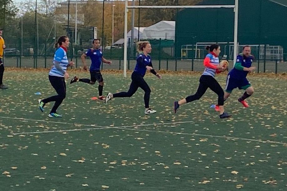 Marie-Gabrielle Poupel is seen during one of her five tries in Brussels, 7 November 2021. Photo credit: Rugby Club Luxembourg