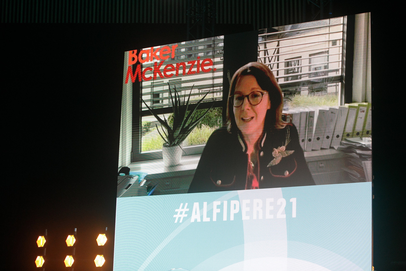 Catherine Martougin, partner at the law firm of Baker & McKenzie in Luxembourg, is seen speaking on the “Investing in Infrastructure” panel during Alfi’s PE & RE conference, 1 December 2021. Photo: Matic Zorman