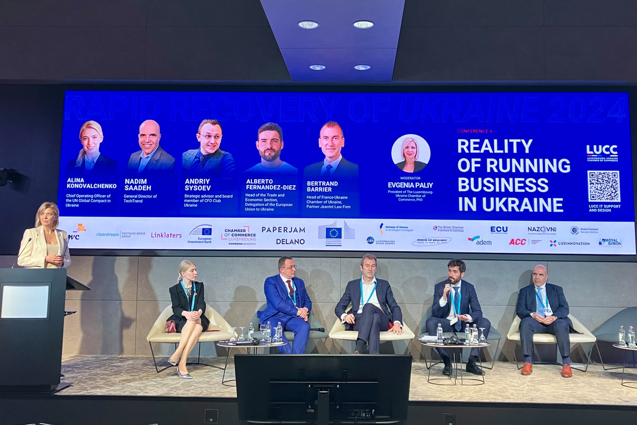 L to r: Evgenia Paliy (Luxembourg-Ukraine Chamber of Commerce), Alina Konovalchenko (UN Global Compact), Andrii Sysoiev (CFO Club Ukraine), Bertrand Barrier (French-Ukrainian Chamber of Commerce and Industry), Alberto Fernandez-Diez (EU delegation to Ukraine) and Nadim Saadeh (Tech Trend), pictured during a panel at the Rapid Recovery of Ukraine forum, 21 May 2024. Photo: Lydia Linna/Maison Moderne