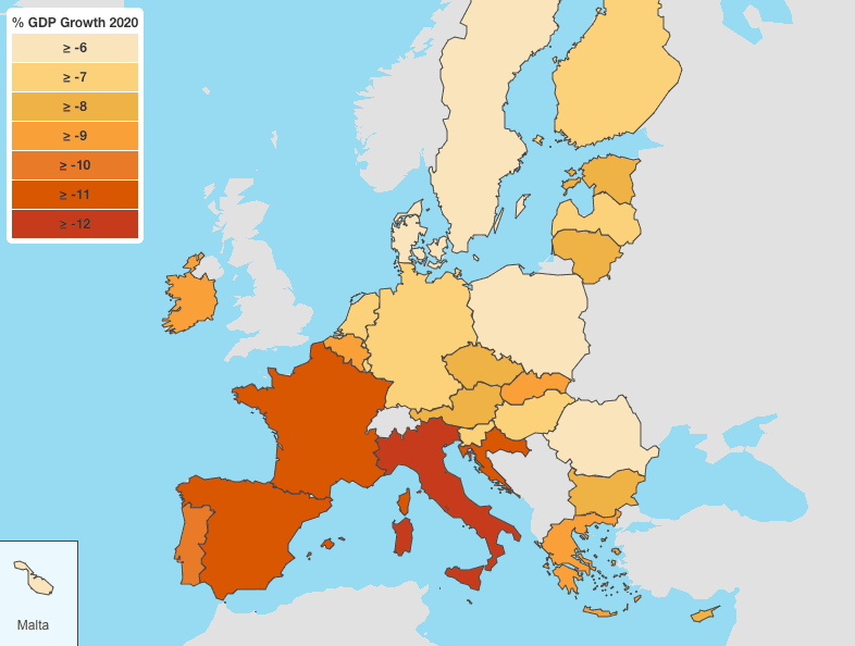 La Commission européenne a mis en place une carte avec le taux de récession par pays. (Photo: Capture d’écran du site de la Commission européenne)