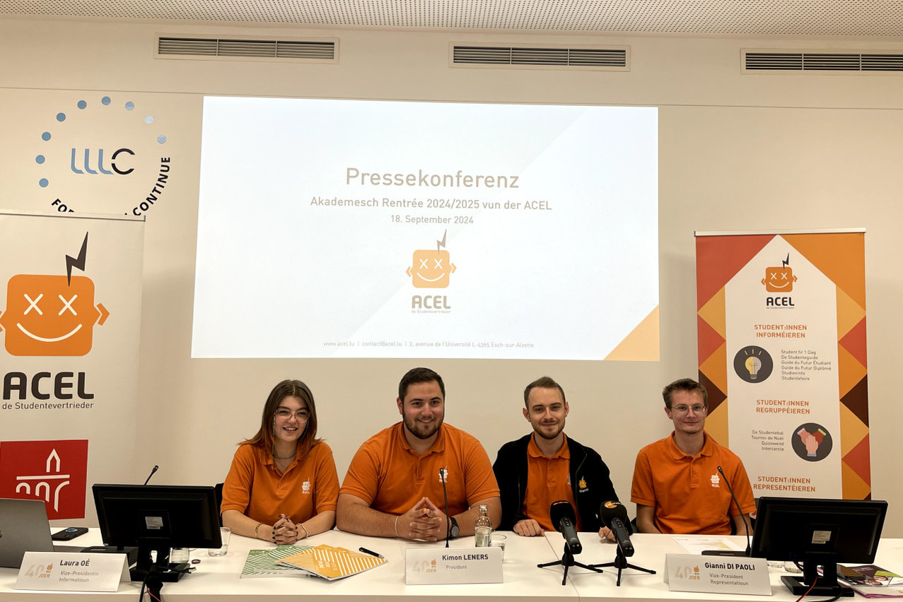 Le comité de direction de l’Acel, de gauche à droite: la vice-présidente Information, Laura Oé, le président, Kimon Leners, le vice-président Représentation, Gianni Di Paoli, le vice-président Regroupement, Grégory Kieffer. (Photo: Maison Moderne)