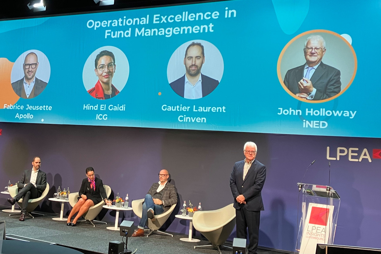 L to r: Gautier Laurent (Cinven), Hind El Gaidi (ICG) and Fabrice Jeusette (Apollo) shared their views on operational excellence in fund management during a panel moderated by John Holloway at the LPEA’s Insights conference at Luxexpo, 17 October 2024.  Photo: Lydia Linna/Maison Moderne