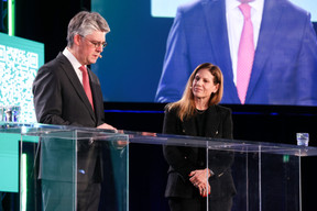 Marco Zwick, director at the Luxembourg Financial Sector Supervisory Commission (CSSF), and Maren Stadler-Tjan, investment fund partner at the law firm of Clifford Chance, seen on the “Let’s hear it from the regulator” panel at Alfi’s Global Assets Conference, 19 March 2024. Photo: Eva Krins/Maison Moderne