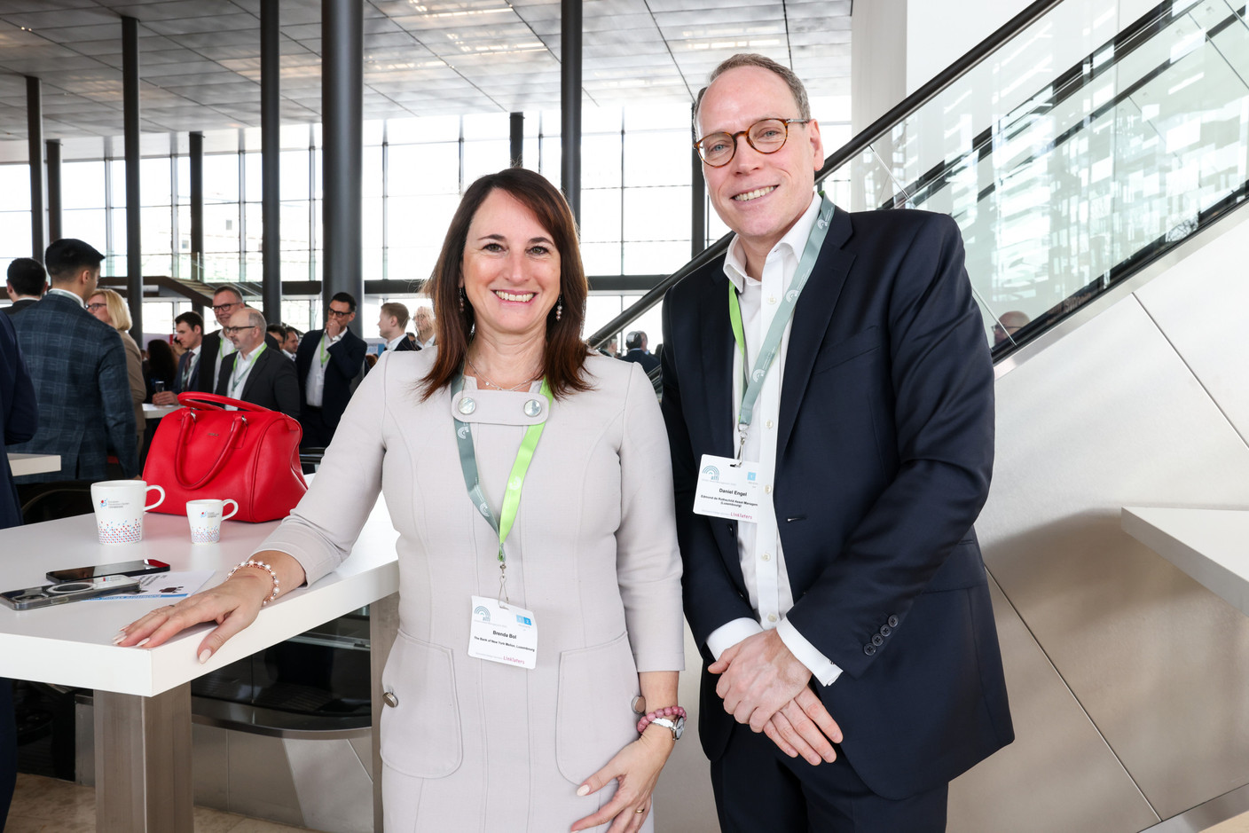 Brenda Bol, Bank of New York Mellon; Daniel Engel, Edmond de Rothschild Asset Management, seen attending Alfi’s Global Asset Management Conference, 19 March 2024. Photo: Eva Krins/Maison Moderne