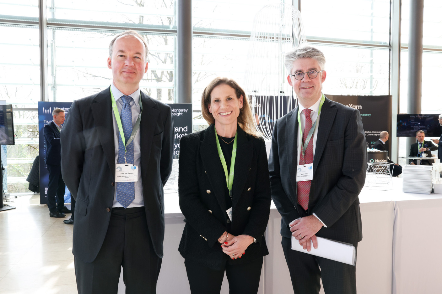 Evert Van Walsum, European Securities and Markets Authority; Maren Stadler-Tjan, Clifford Chance; Marco Zwick, Luxembourg Financial Sector Supervisory Commission (CSSF), seen attending Alfi’s Global Assets Conference, 19 March 2024. Photo: Eva Krins/Maison Moderne