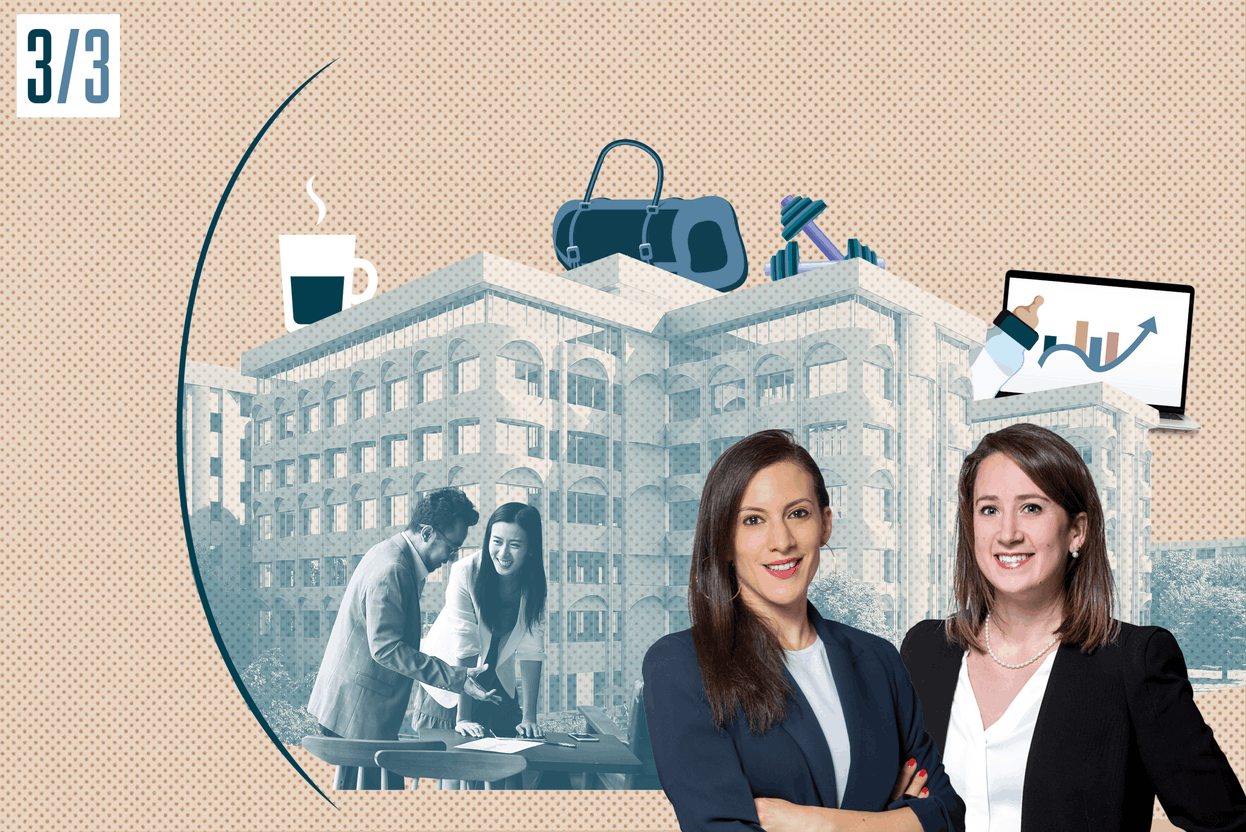 Emna Rekik, Country Lead & Head of Markets au sein de JLL Luxembourg et Mélanie Leblanc, Senior Project Manager au sein de JLL Luxembourg présentent l’expertise de JLL pour des lieux de travail plus attractifs. Crédit Illustration : Maison Moderne et Photo : JLL