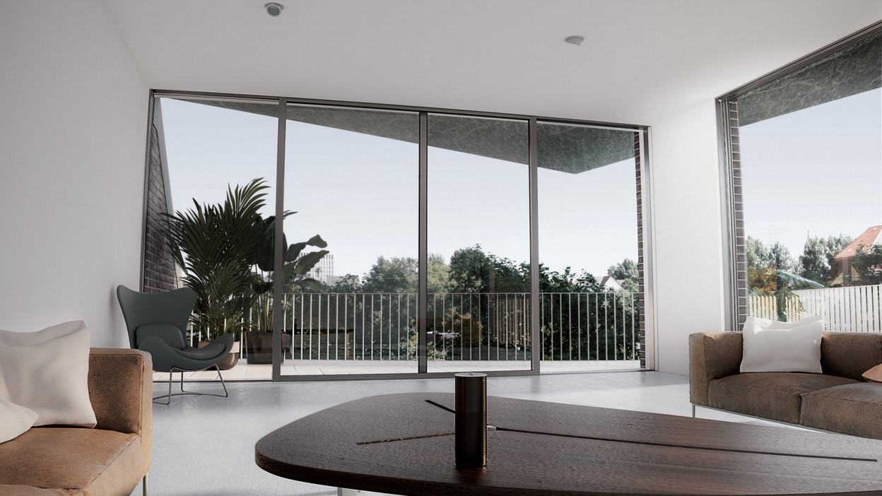 Ouverture entièrement automatique des portes coulissantes par commande vocale Amazon Alexa.   ©Schüco International KG