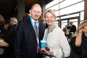 Noel Fessey (Third Watch) and Rachel Treece (Henka Institute) at the Clearstream Fund Summit, Kirchberg Kinepolis, 10 October 2024. Photo: Eva Krins/Maison Moderne