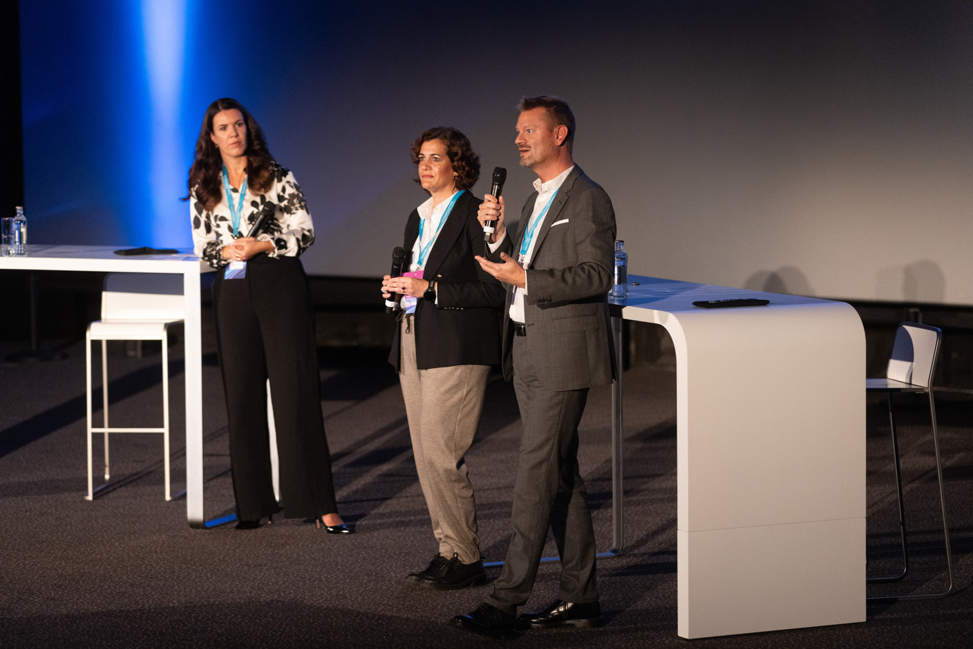 Lisa Lynn König (Clearstream Fund Services), Elisa Alonso Sanz (Clearstream Fund Services / Kneip) and Olivier Portenseigne (Clearstream Fund Services / FundsDLT) talked about data and DLT at the Clearstream Fund Summit, Kirchberg Kinepolis, 10 October 2024. Photo: Eva Krins/Maison Moderne