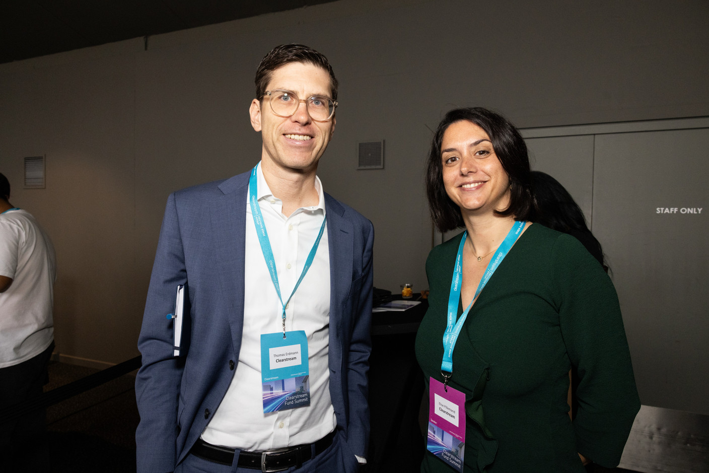 Thomas Erdmann (Clearstream) and Elise Pillemand (Clearstream) at the Clearstream Fund Summit, Kirchberg Kinepolis, 10 October 2024. Photo: Eva Krins/Maison Moderne