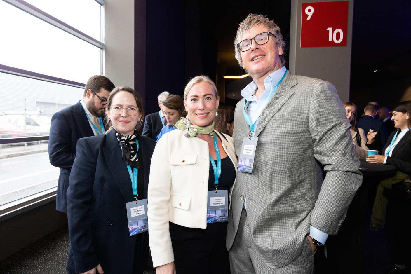 Martina Frisch (BIL Manage Invest), Josephine Eiserman (Trustmoore) and Thorsten Lederer (Panteo Global Partners) at the Clearstream Fund Summit, Kirchberg Kinepolis, 10 October 2024. Photo: Eva Krins/Maison Moderne
