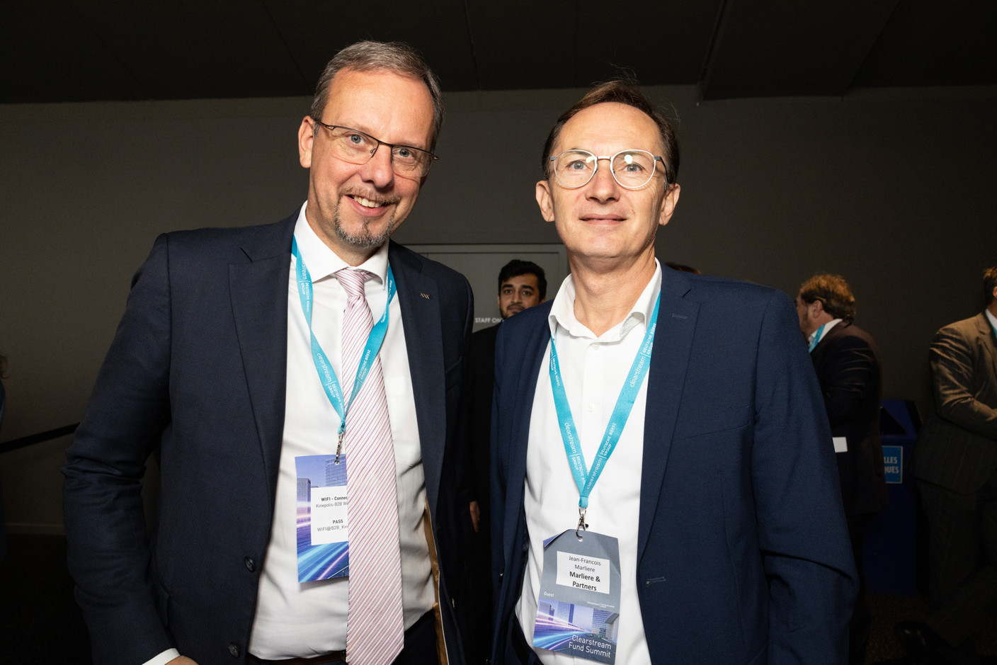 Laurent Wauthier (BIL) and Jean-François Marliere (Marliere & Partners) at the Clearstream Fund Summit, Kirchberg Kinepolis, 10 October 2024. Photo: Eva Krins/Maison Moderne