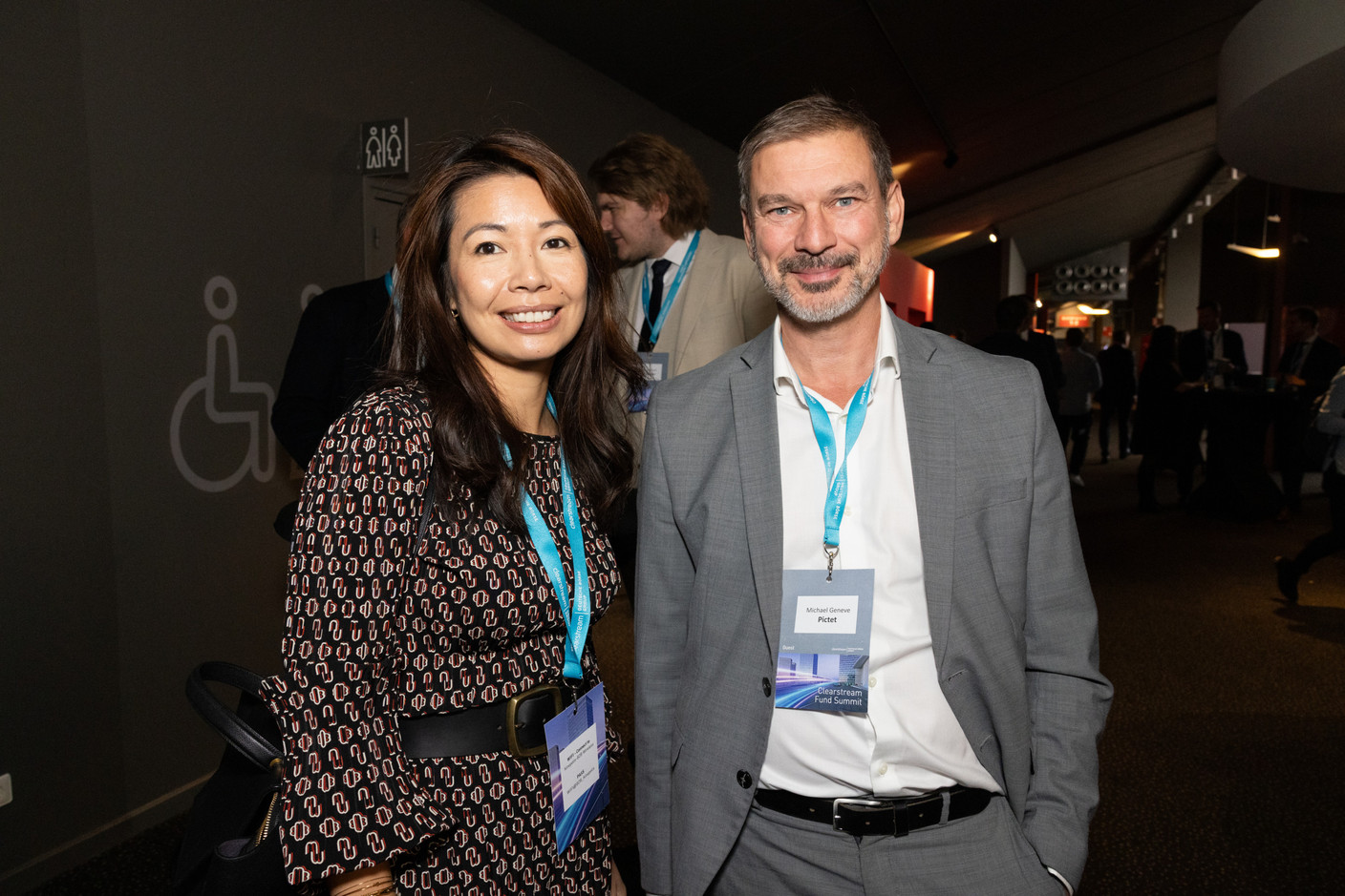 Sorya Tea (Bank of New York Mellon) and Michael Geneve (Pictet) at the Clearstream Fund Summit, Kirchberg Kinepolis, 10 October 2024. Photo: Eva Krins/Maison Moderne