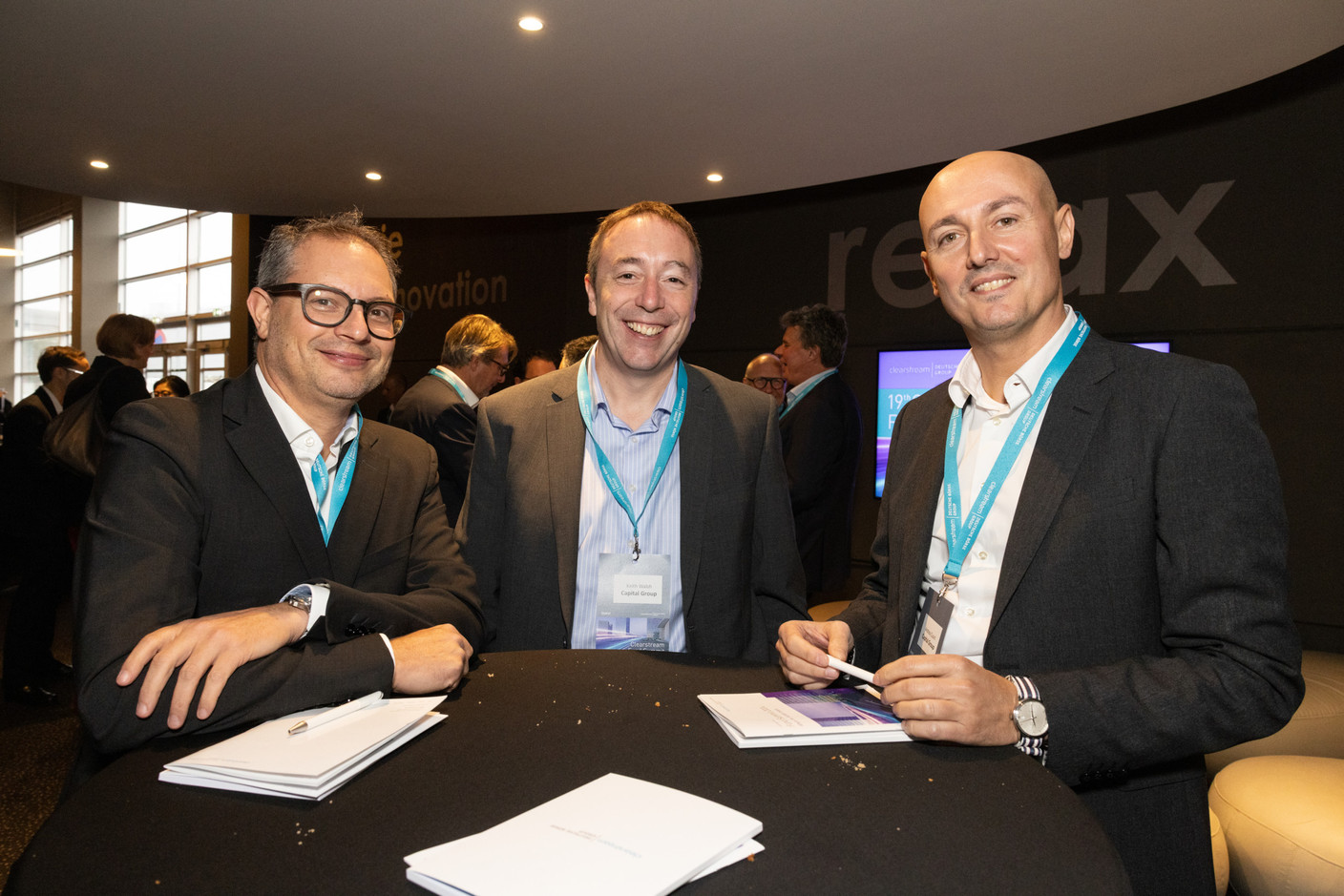 Lorenzo Fino (Capital Group), Keith Walsh (Capital Group) and Andrea Cusini (Capital Group) at the Clearstream Fund Summit, Kirchberg Kinepolis, 10 October 2024. Photo: Eva Krins/Maison Moderne