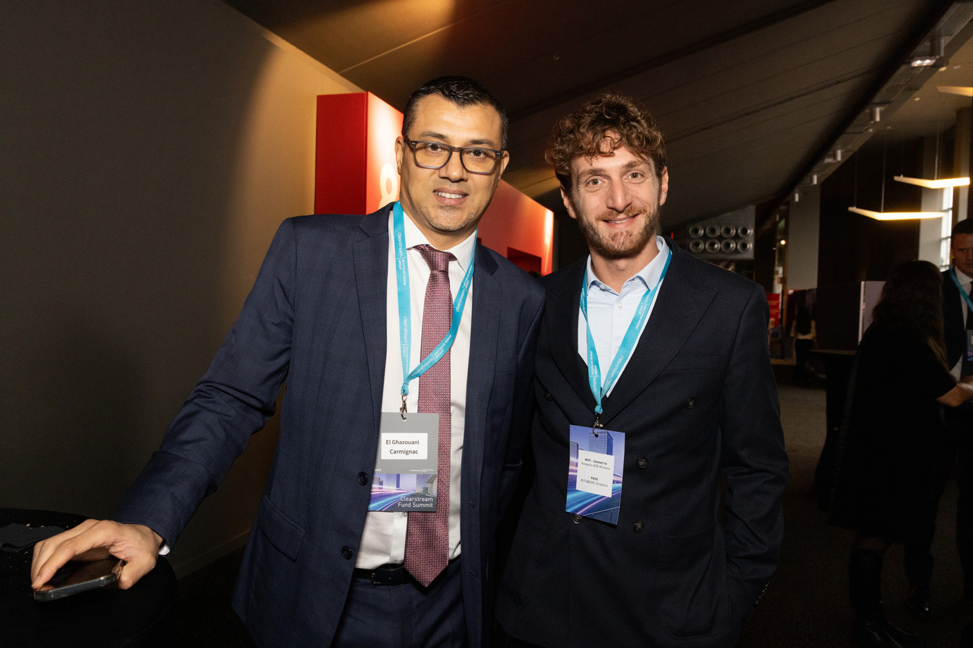Abdelatif El Ghazouani (Carmignac) and Yann Ginther (Vontobel) at the Clearstream Fund Summit, Kirchberg Kinepolis, 10 October 2024. Photo: Eva Krins/Maison Moderne